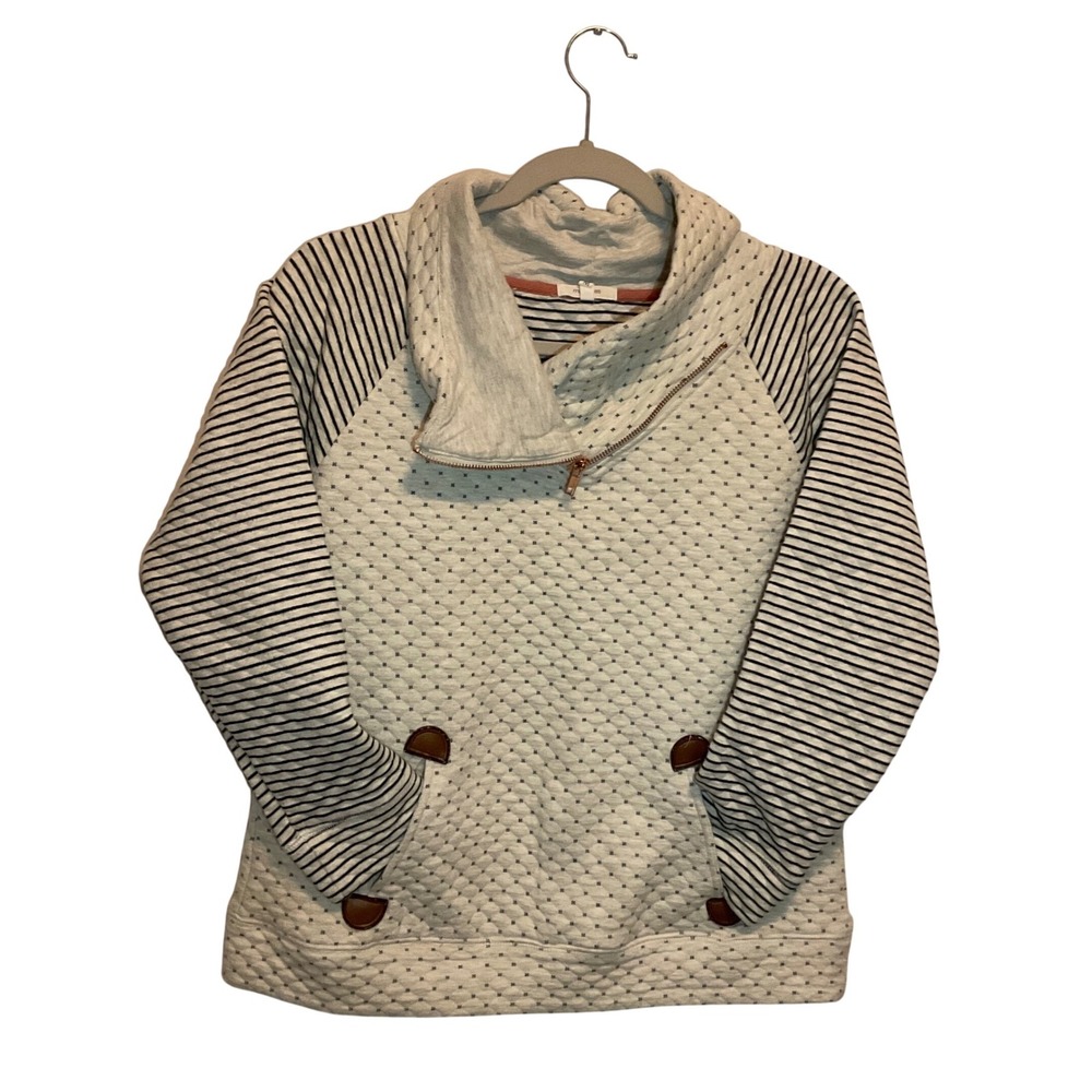 Maurices Quilted Striped Pullover Sweatshirt Gray Mixed Media Funnel Neck Medium